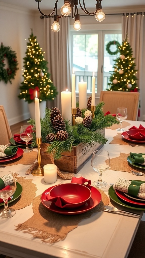 Farmhouse Christmas table setting with rustic centerpiece, candles, and festive dinnerware.